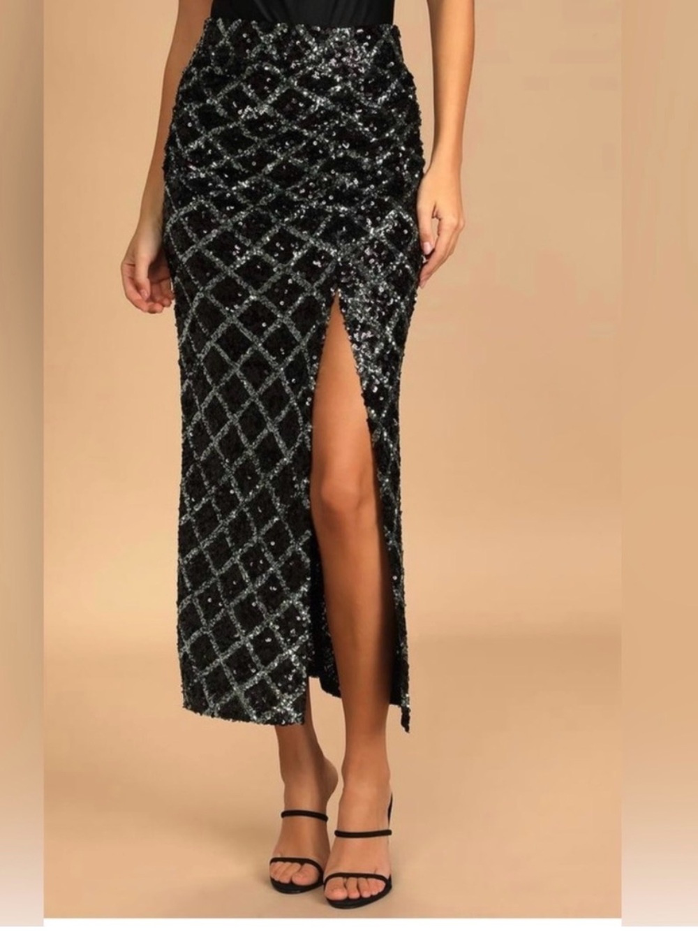 Zara Black Sequin Maxi Skirt with Lattice Pattern and High Side Slit